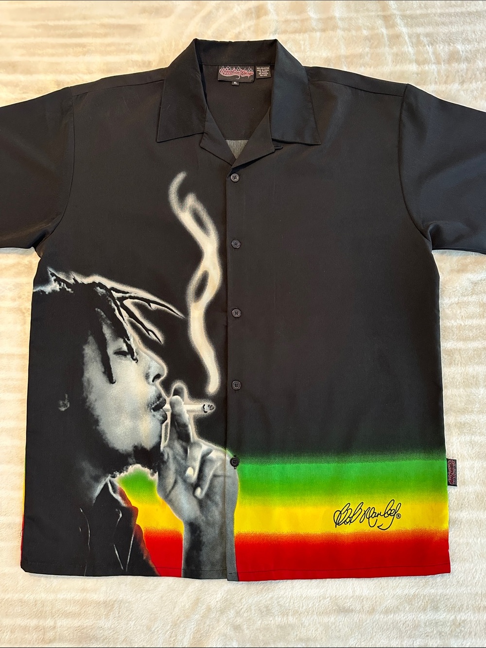 Bob Marley Black Short-Sleeve Button Shirt with Reggae Stripe